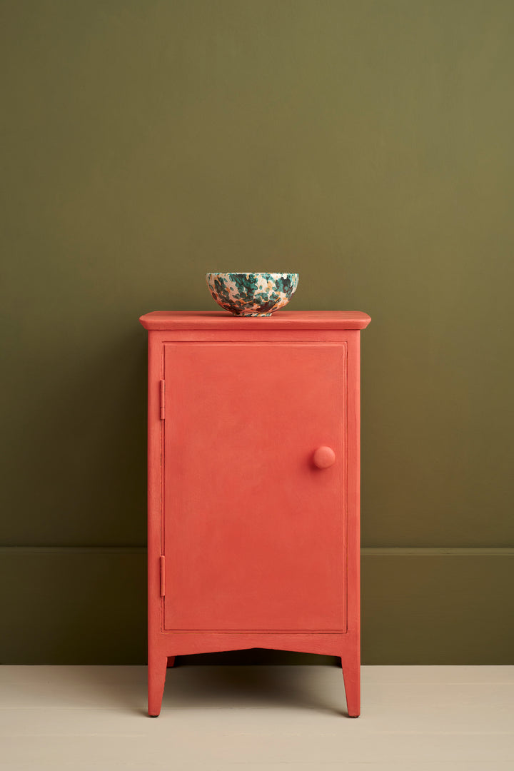 Sandalwood Red Chalk Paint® cabinet against green wall with decorative bowl, from Source for the Goose, Devon.