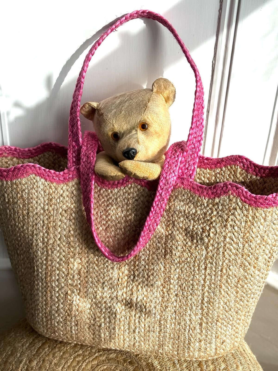 Jute Tote Bag with Pink Scallop Edge for sale at Source for the Goose, South Molton, Devon