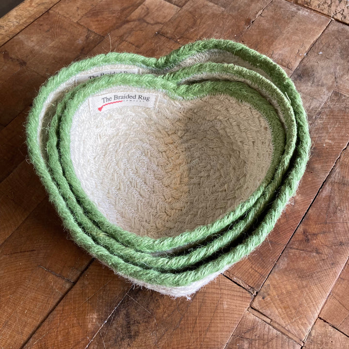 heart shaped baskets edged with green by The Braided Rug Company