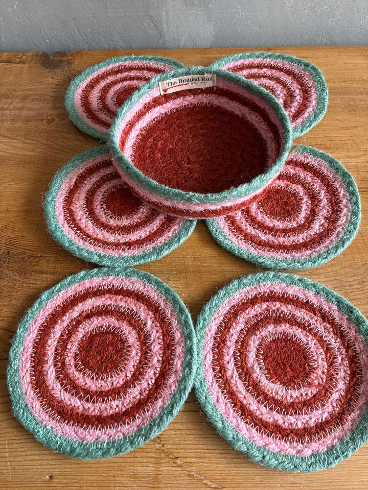 Set of Six Jute Coasters - Strawberry Tulip