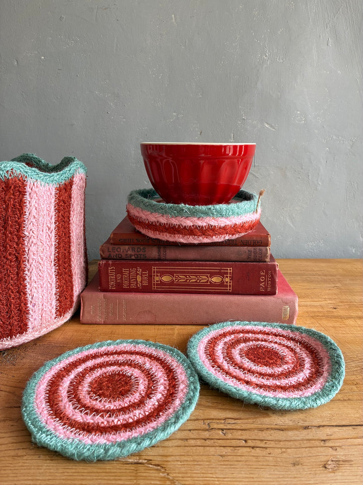 Set of Six Jute Coasters - Strawberry Tulip