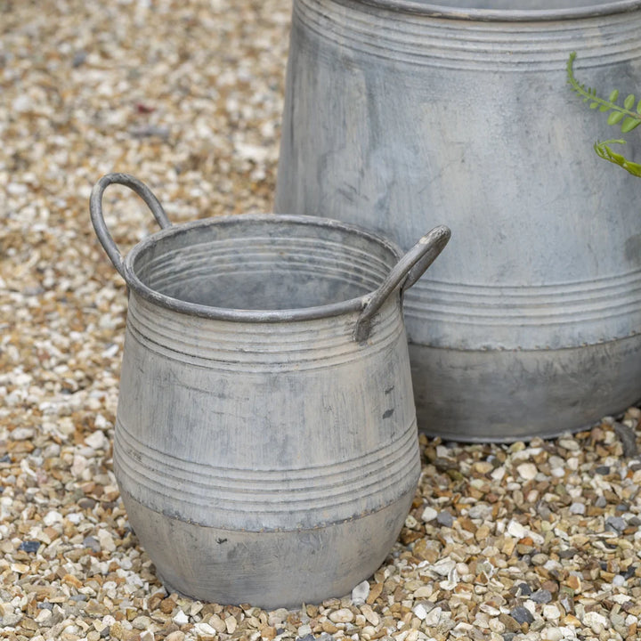 Galvanised zinc planters with handles, perfect for outdoor decor from Source for the Goose, Devon.