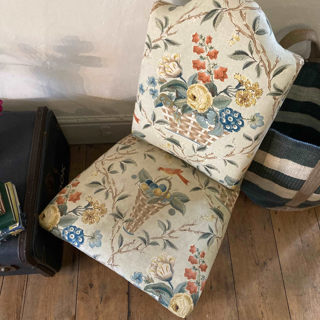 small bedroom chair upholstered in vintage Sanderson fabric at Source for the Goose, South Molton, Devon