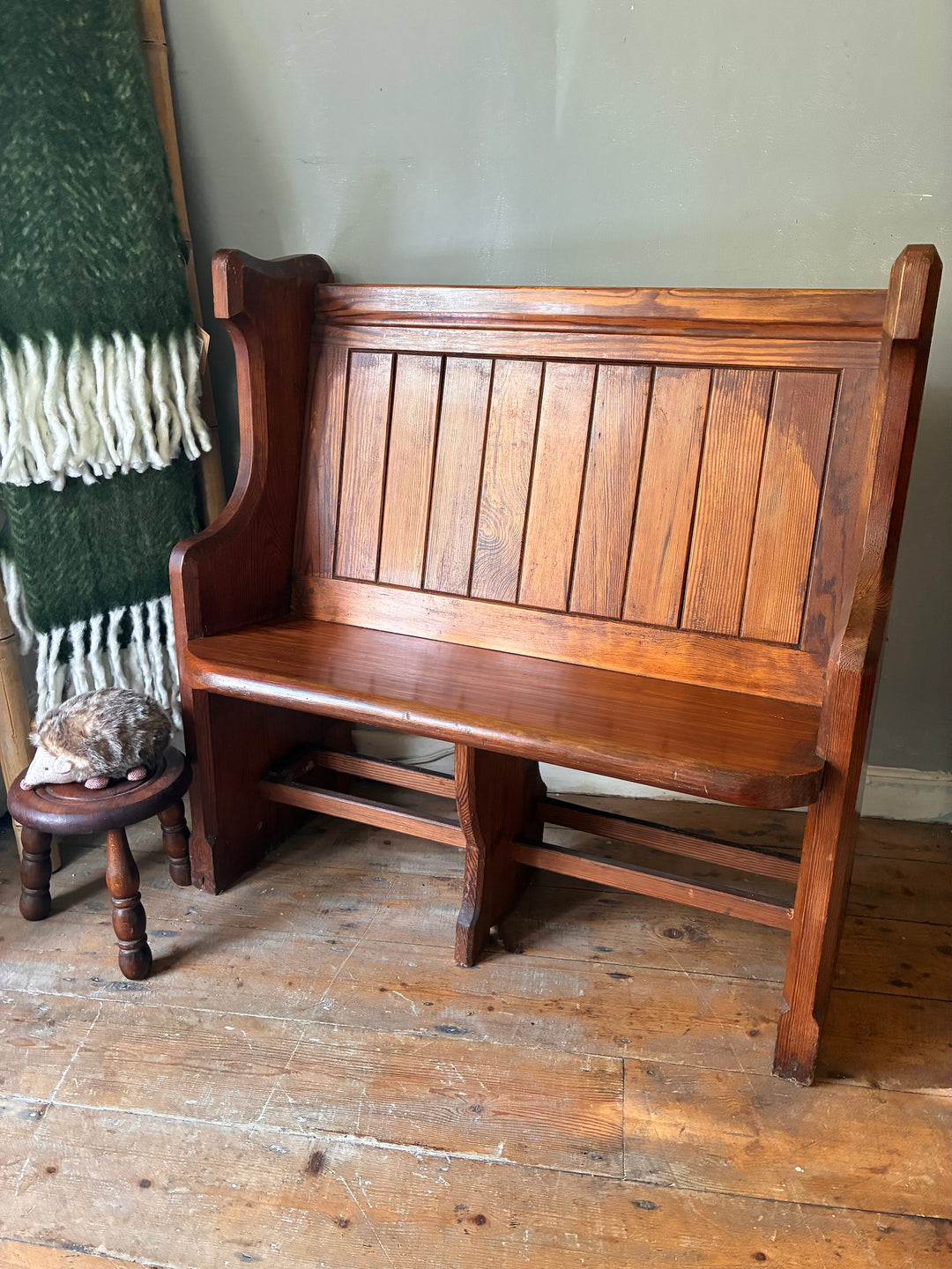 Small Antique Pine Church Pew with rustic charm and Victorian gothic carvings, perfect for entryways. Source for the Goose Devon.