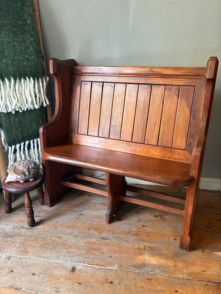 Small Antique Pine Church Pew with rustic charm and Victorian gothic carvings, perfect for entryways. Source for the Goose Devon.