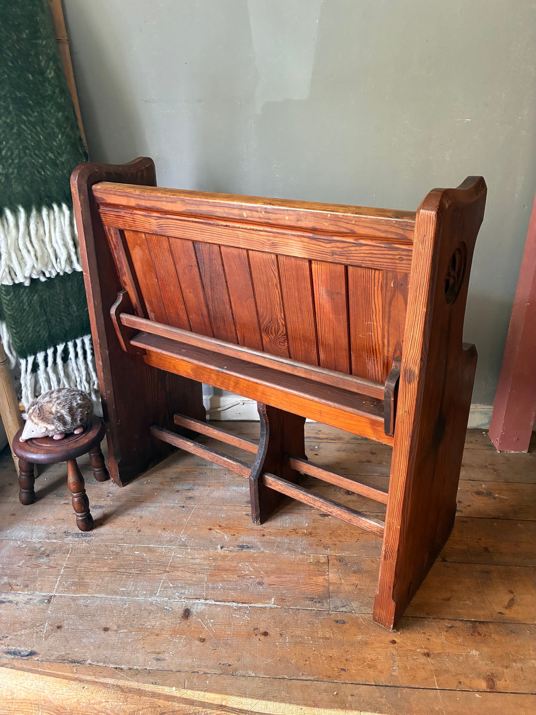 Small Antique Pine Church Pew with Victorian carvings, perfect for hallways, from Source for the Goose, Devon.