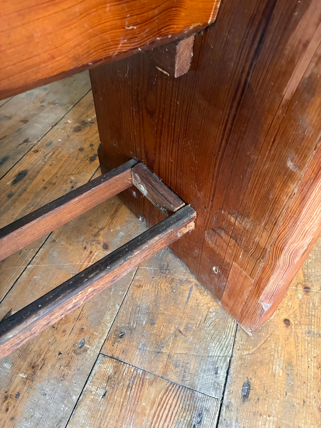 Detail of the support structure on a Small Antique Pine Church Pew from Source for the Goose, Devon.