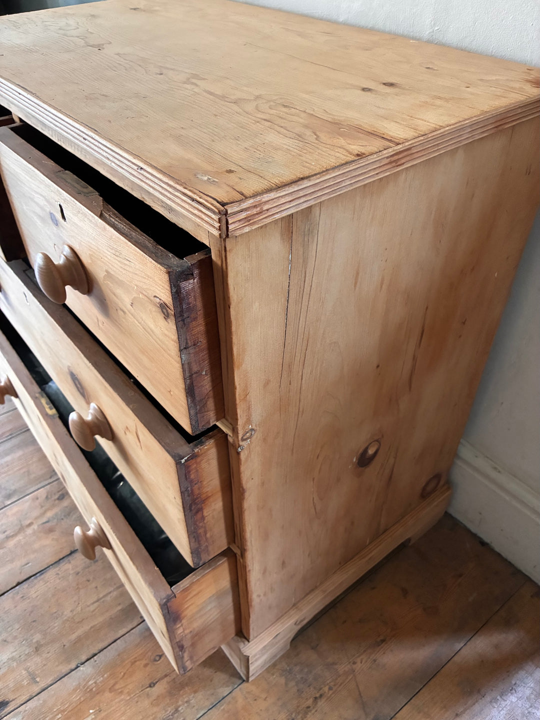 Small Antique Victorian Pine Chest of Drawers with rustic charm and classic bracket feet, ideal for vintage home decor in Devon.
