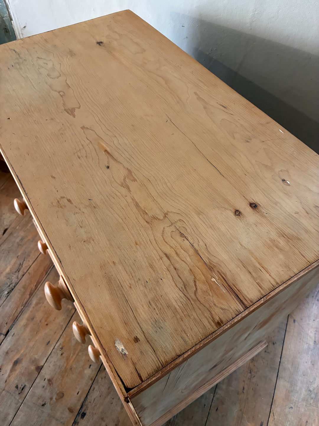 Small Antique Victorian Pine Chest of Drawers top view showing rustic charm and wood grain, perfect for vintage home decor.