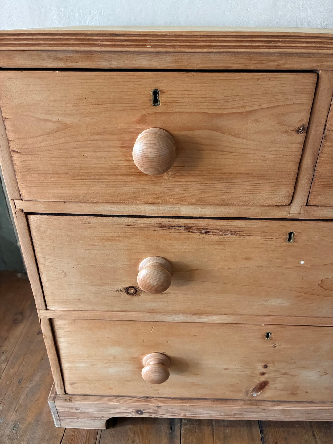 Small Antique Victorian Pine Chest of Drawers with wooden knobs and rustic finish, perfect for vintage home decor in Devon.
