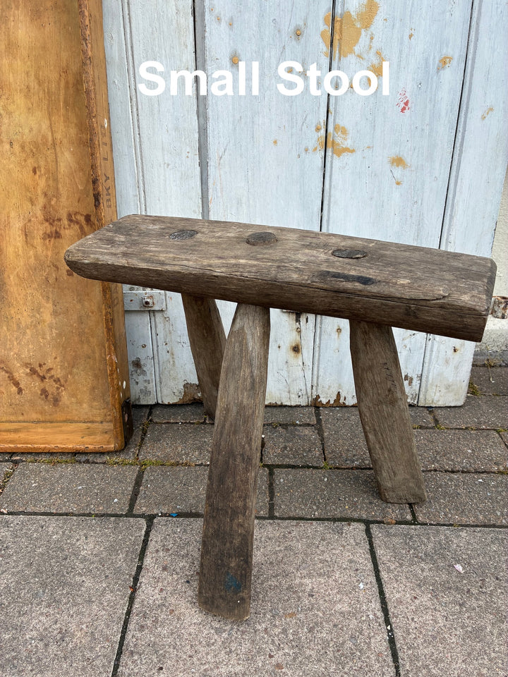 Rustic handmade wooden bodger stool with rough-hewn finish, ideal for authentic decor from Source for the Goose, Devon.
