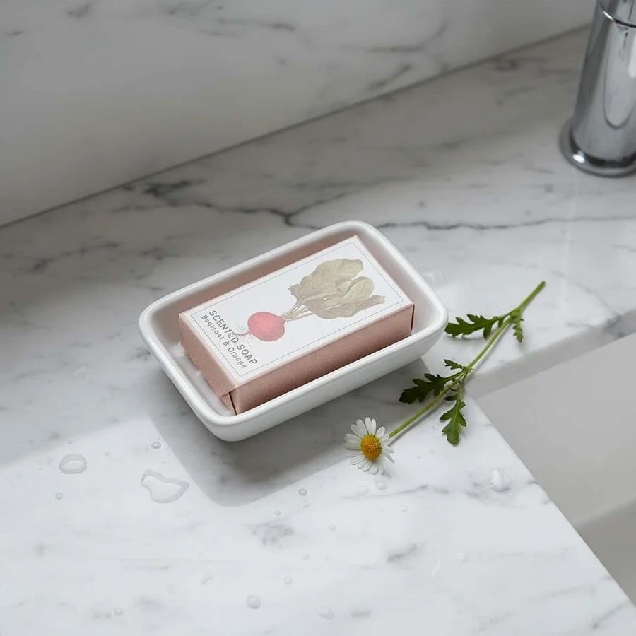 Soap and Ceramic Dish Set - Garden Design displayed on a marble countertop with a flower accent.