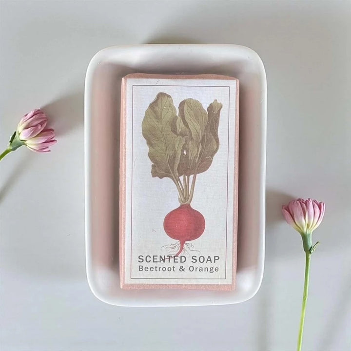 Soap and Ceramic Dish Set - Garden Design featuring Beetroot and Orange scented soap, a charming gift idea.