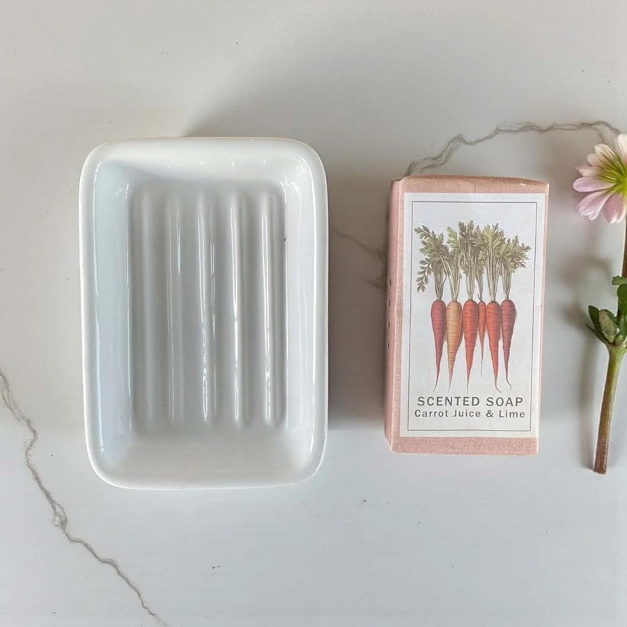 Soap and Ceramic Dish Set - Garden Design featuring Carrot Juice and Lime scented soap as a perfect gift idea.