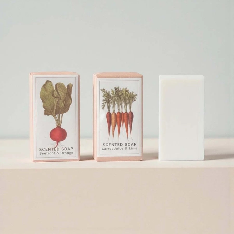 Soap and Ceramic Dish Set - Garden Design featuring Beetroot and Orange and Carrot Juice and Lime scented soaps.