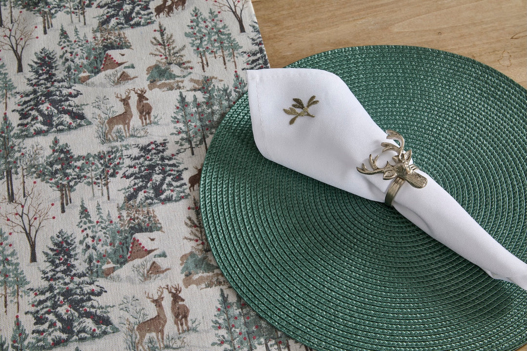 Woven Soft Green Circular Placemat paired with festive napkin and napkin ring on a wooden table setting.