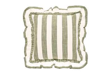 Soft Green Stripe Ruffle Cushion for sale at Source for the Goose, Devon