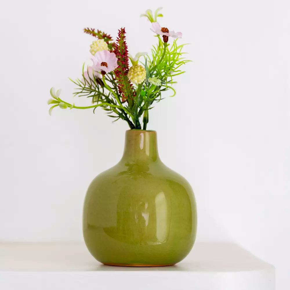 Dainty ceramic bud vase in crisp apple green with flowers, ideal decor for home by Source for the Goose, Devon.