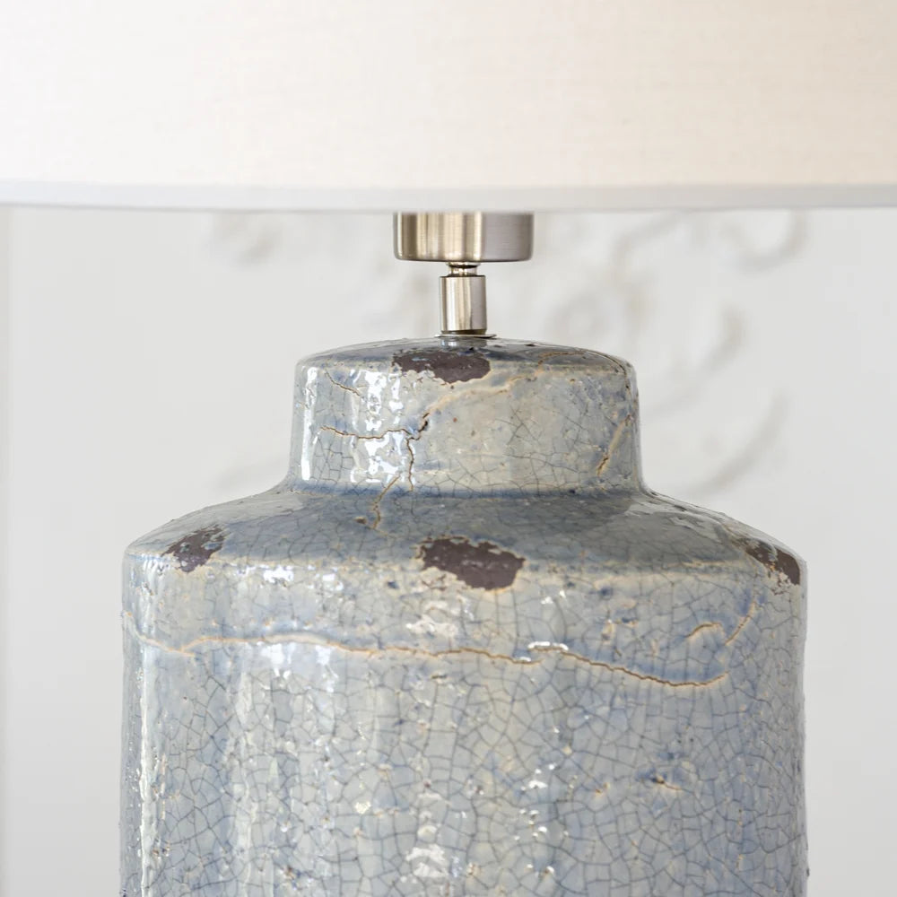 Tall blue crackle glaze stoneware table lamp detail with linen shade from Source for the Goose, Devon.