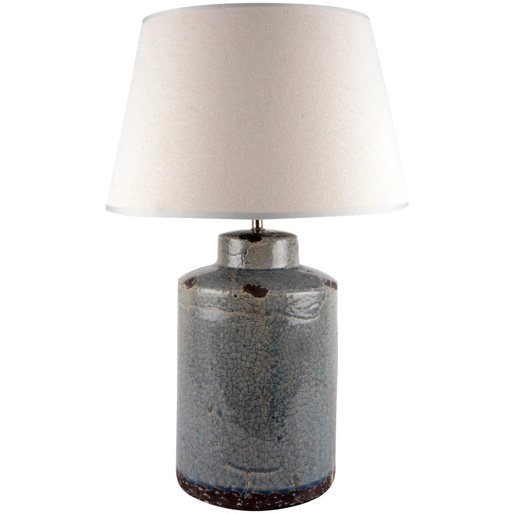 Tall blue crackle glaze stoneware table lamp with linen shade by Source for the Goose, Devon.