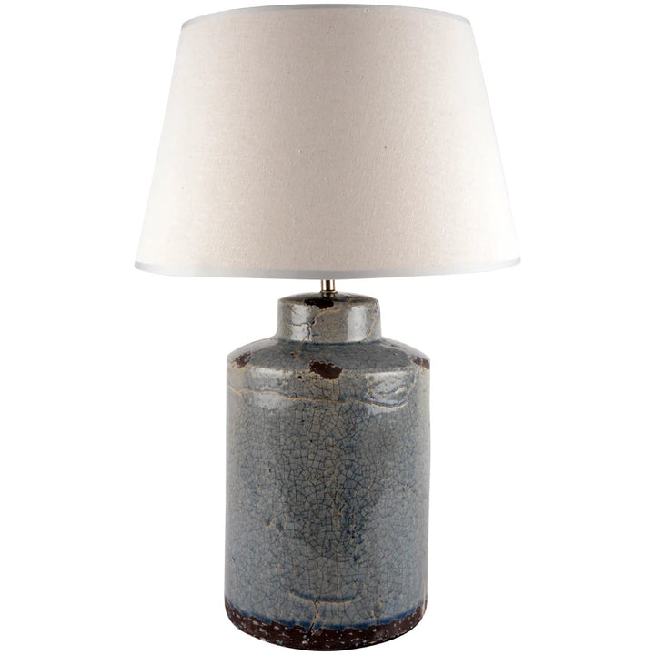 Tall blue crackle glaze stoneware table lamp with linen shade by Source for the Goose, Devon.