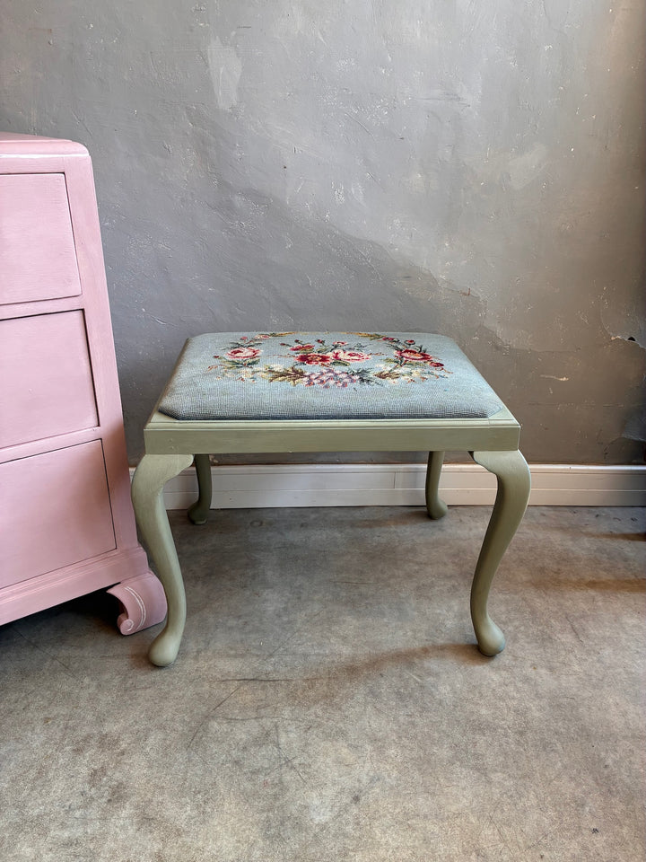 Vintage Stool with Floral Cushion featuring a sage green base and floral needlepoint top, perfect for home decor.