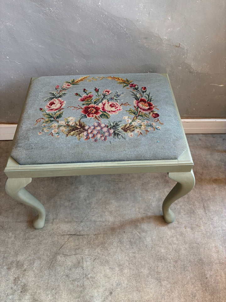 Vintage Stool with Floral Cushion featuring sage green cabriole legs and handcrafted floral needlepoint cushion.