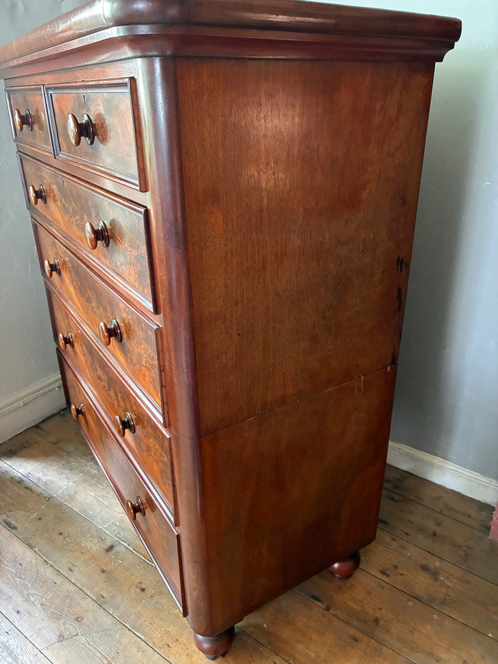 Large Victorian Mahogany Chest of Drawers with two over four drawers, rich color, and raised turned feet from Source for the Goose, Devon.