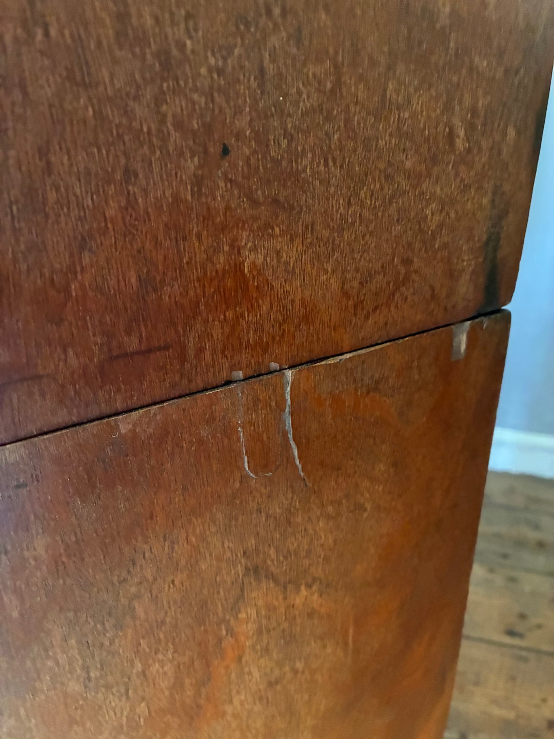 Close-up of the Large Victorian Mahogany Chest of Drawers showing detail and craftsmanship flaws, Source for the Goose, Devon.