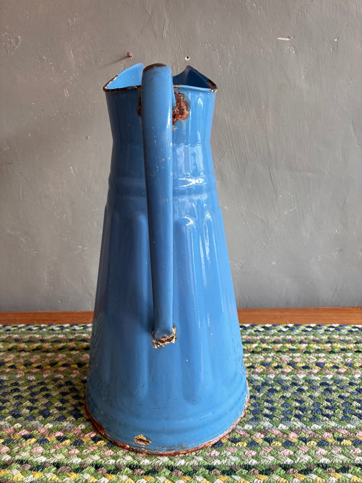 Vintage blue enamel water jug from Source for the Goose, Devon, perfect for displaying flowers.