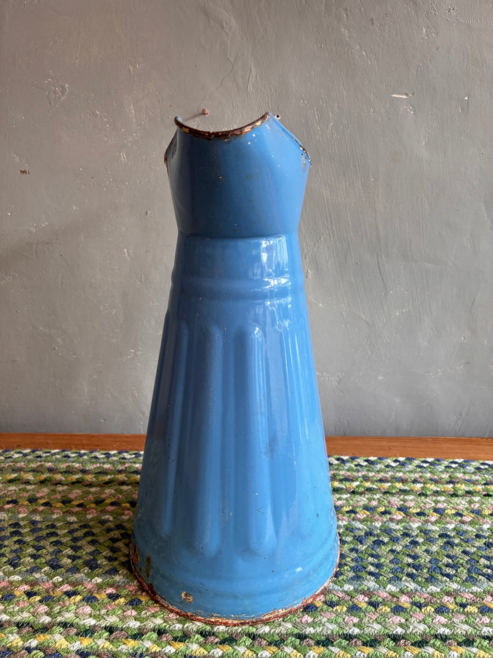 Rustic French vintage blue enamel water jug, perfect for displaying garden blooms. Source for the Goose, Devon.