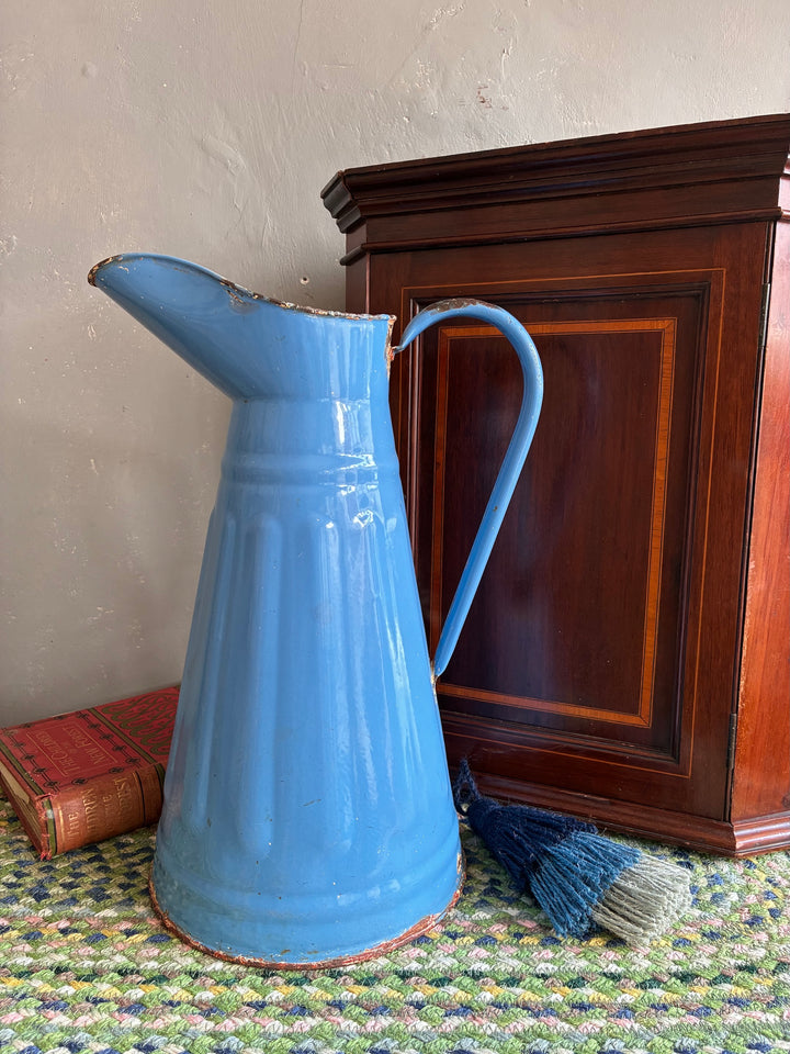 French Vintage Blue Enamel Water Jug by Source for the Goose, ribbed design, perfect for displaying flowers.