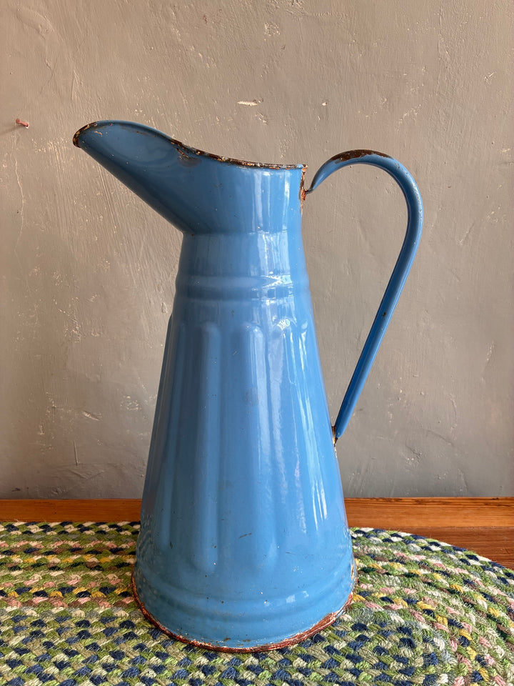 French vintage blue enamel water jug with ribbed design, perfect for rustic decor from Source for the Goose, Devon.