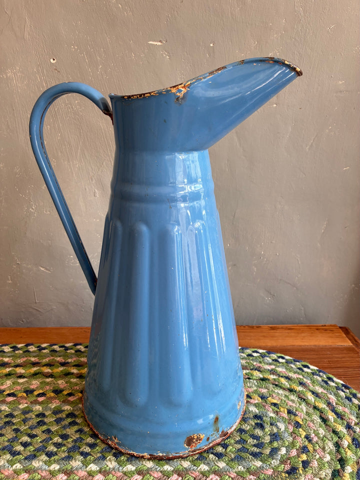 French vintage blue enamel water jug from Source for the Goose, perfect for rustic home decor.