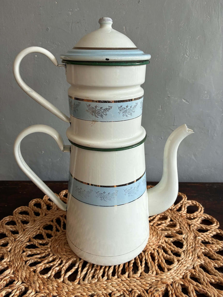 Vintage French coffee pot in blue and white with gold accents, perfect for display from Source for the Goose, Devon.