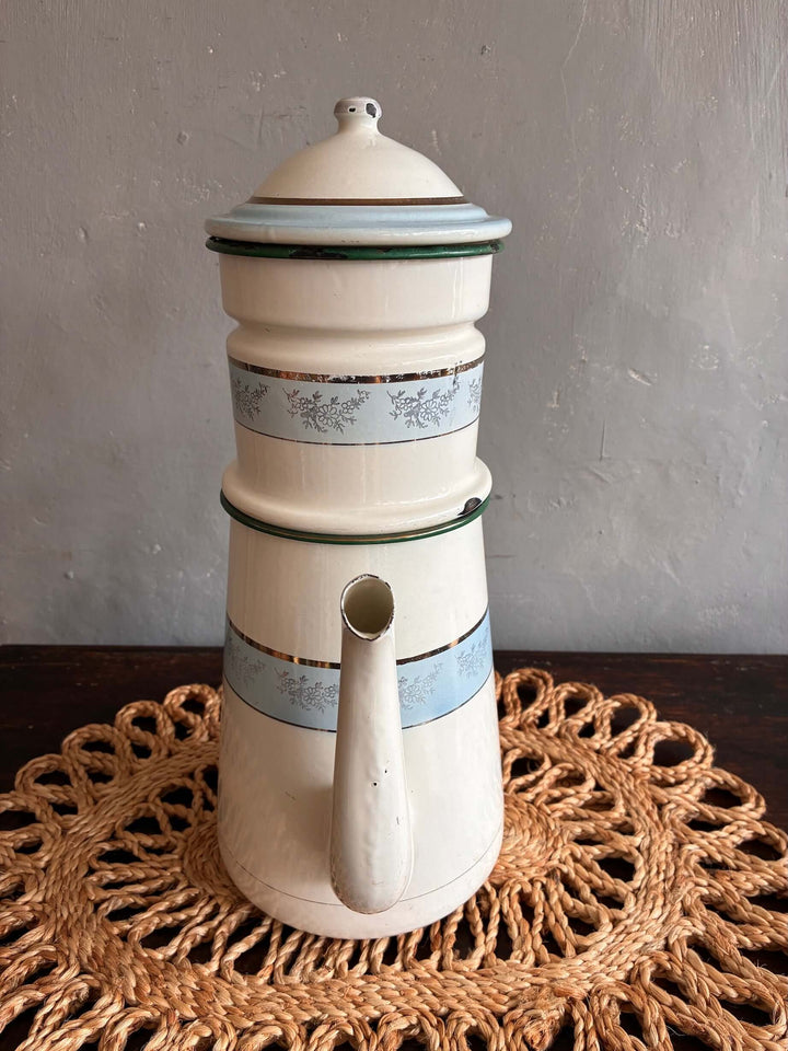 Vintage French coffee pot in wedgewood blue and gold, perfect for kitchen display, Source for the Goose, Devon.