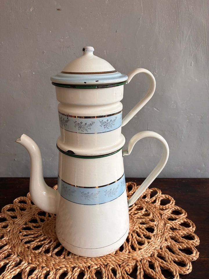 Blue and white vintage French coffee pot with gold accents, perfect for display or use, from Source for the Goose, Devon.