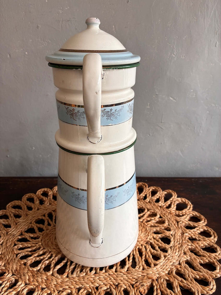 Vintage French coffee pot in blue and white with gold trim, perfect for display by Source for the Goose, Devon.