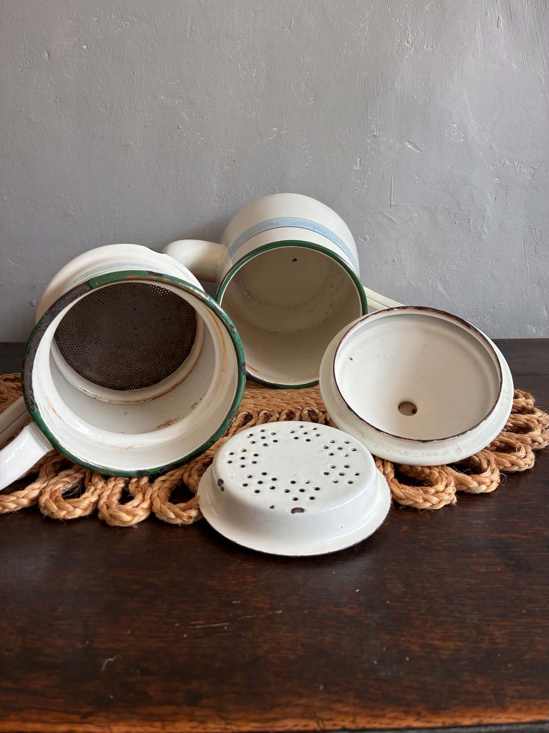 Vintage French coffee pot pieces showcasing charming wedgewood design and authentic character from Source for the Goose, Devon.