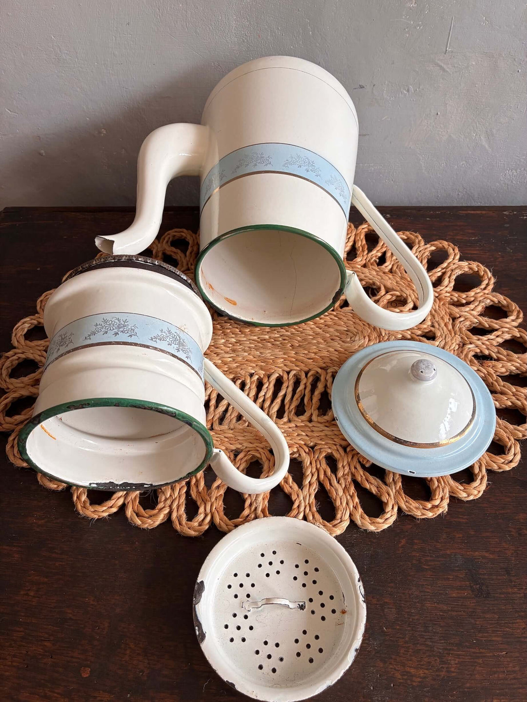 Vintage French coffee pot in blue and white; features a charming design with slight chips, perfect for display.