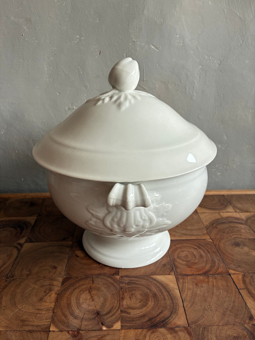 Vintage White Porcelain French Tureen with intricate design and lid, a classic piece from Source for the Goose Devon.