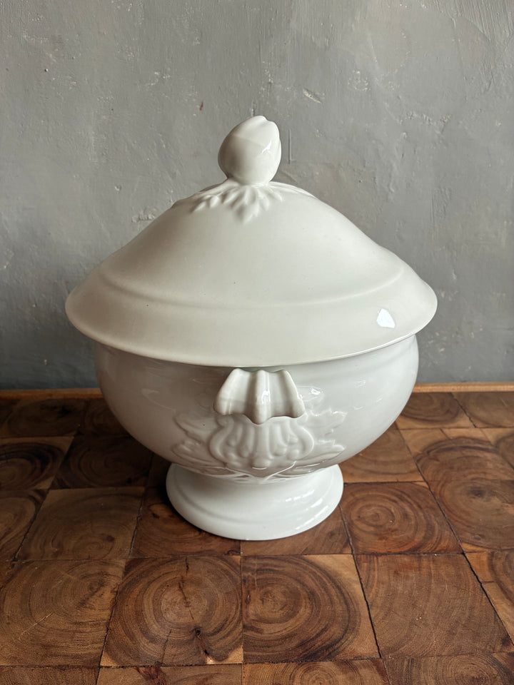 Vintage White Porcelain French Tureen with intricate design and lid, a classic piece from Source for the Goose Devon.