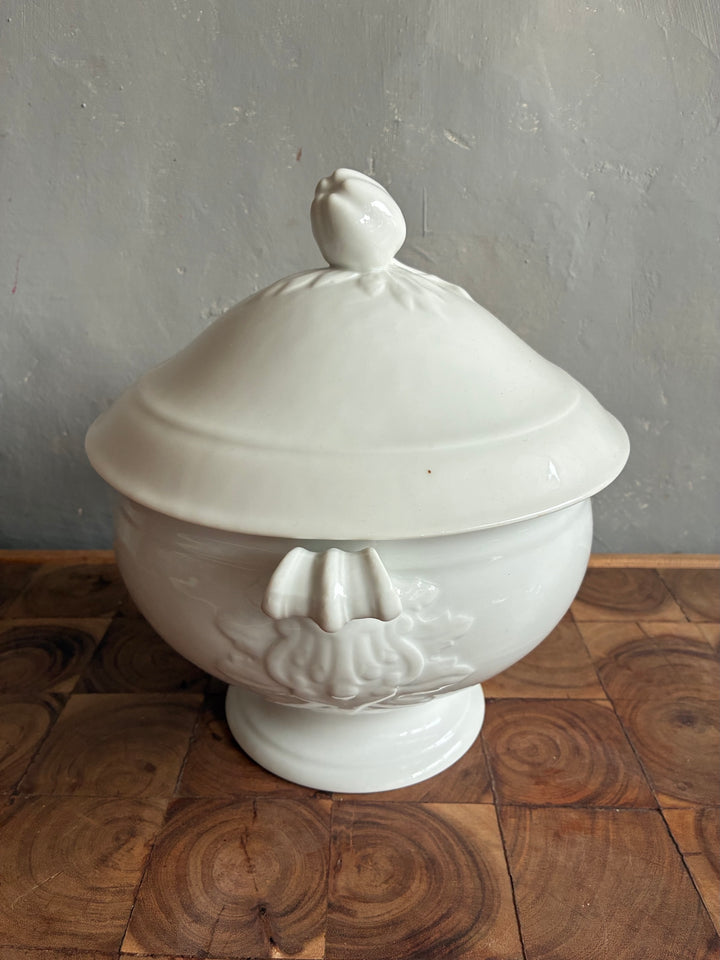 Vintage White Porcelain French Tureen with intricate oak leaf relief design and a distinctive lid from Source for the Goose Devon.