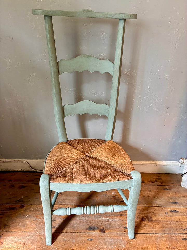 French Vintage Painted Prayer Chair - Prie Dieu featuring a soft duck egg blue finish and rush seat.