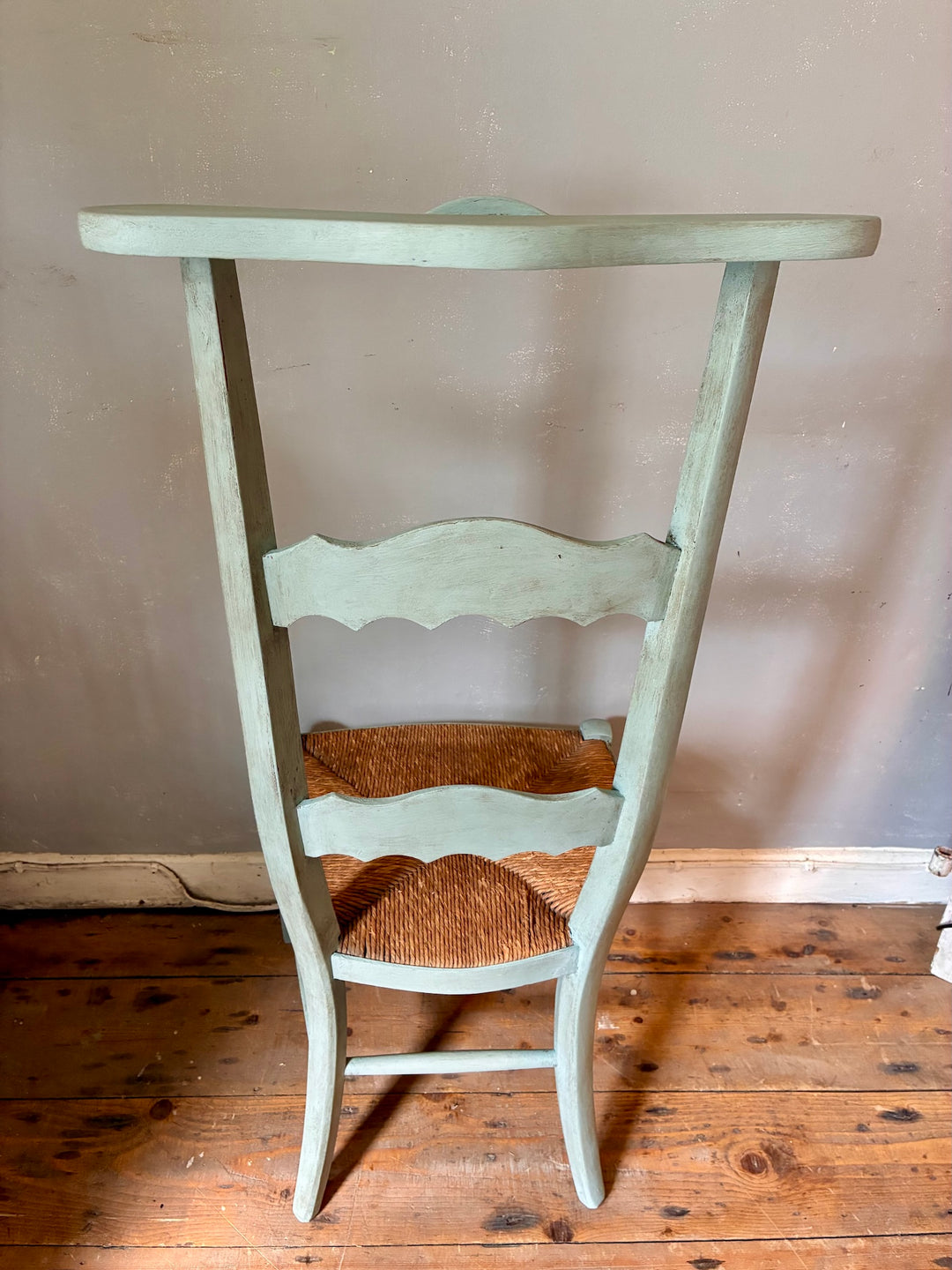 French Vintage Painted Prayer Chair - Prie Dieu with a soft duck egg blue finish and rush seat.