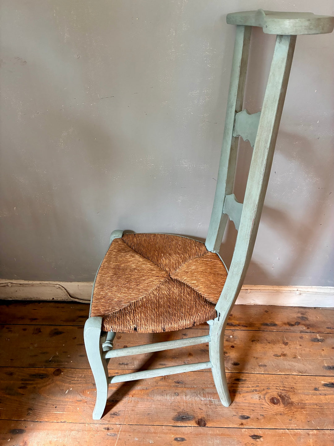 French Vintage Painted Prayer Chair - Prie Dieu with rush seat and duck egg blue paint.