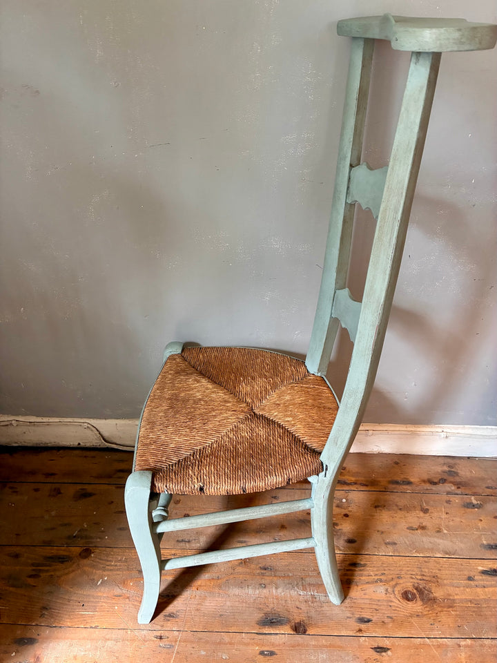 French Vintage Painted Prayer Chair - Prie Dieu with rush seat and duck egg blue paint.