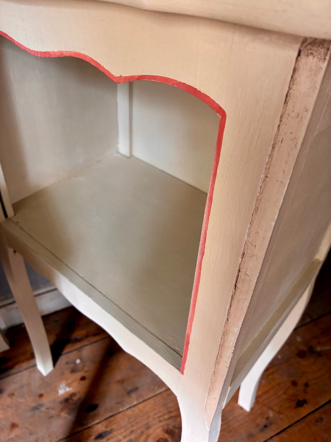 Vintage Painted French Bedside Tables - His and Hers close-up of open shelf detail and charming design.
