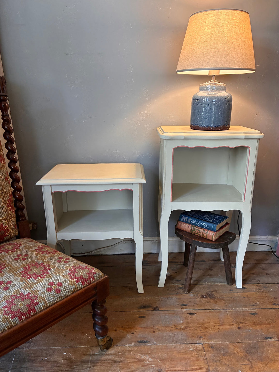 Vintage Painted French Bedside Tables - His and Hers by Source for the Goose Devon in soft ochre cream.