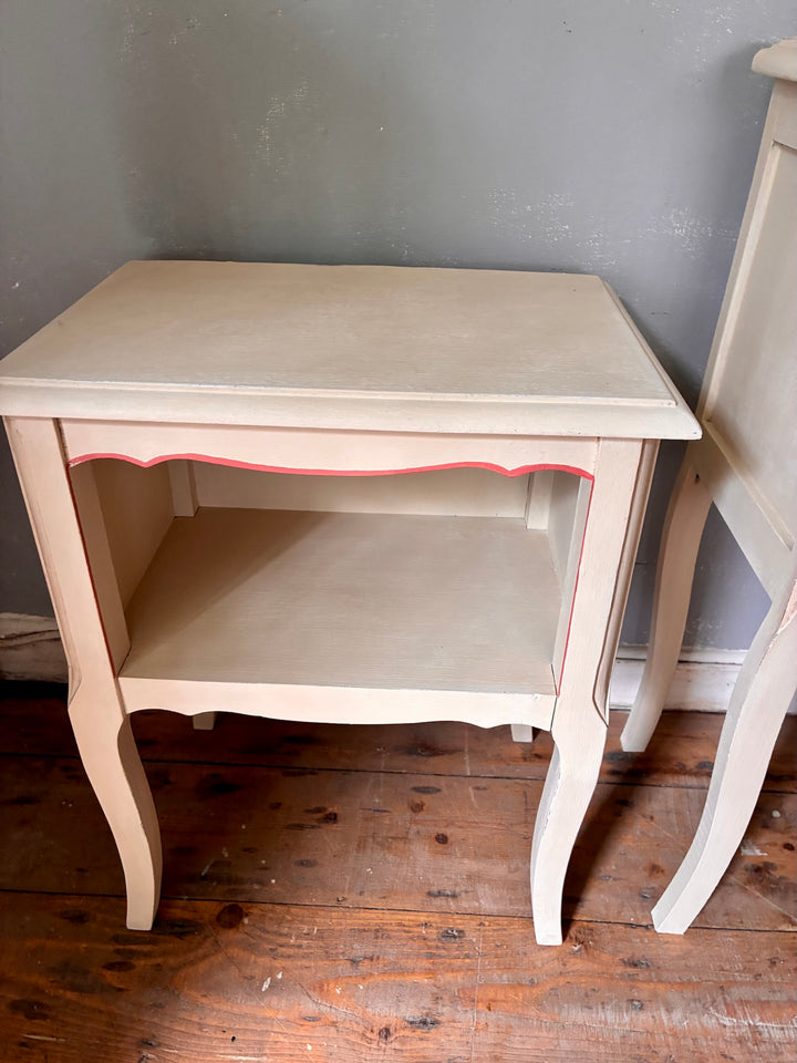Vintage Painted French Bedside Tables - His and Hers in soft ochre and coral pink with open shelf.